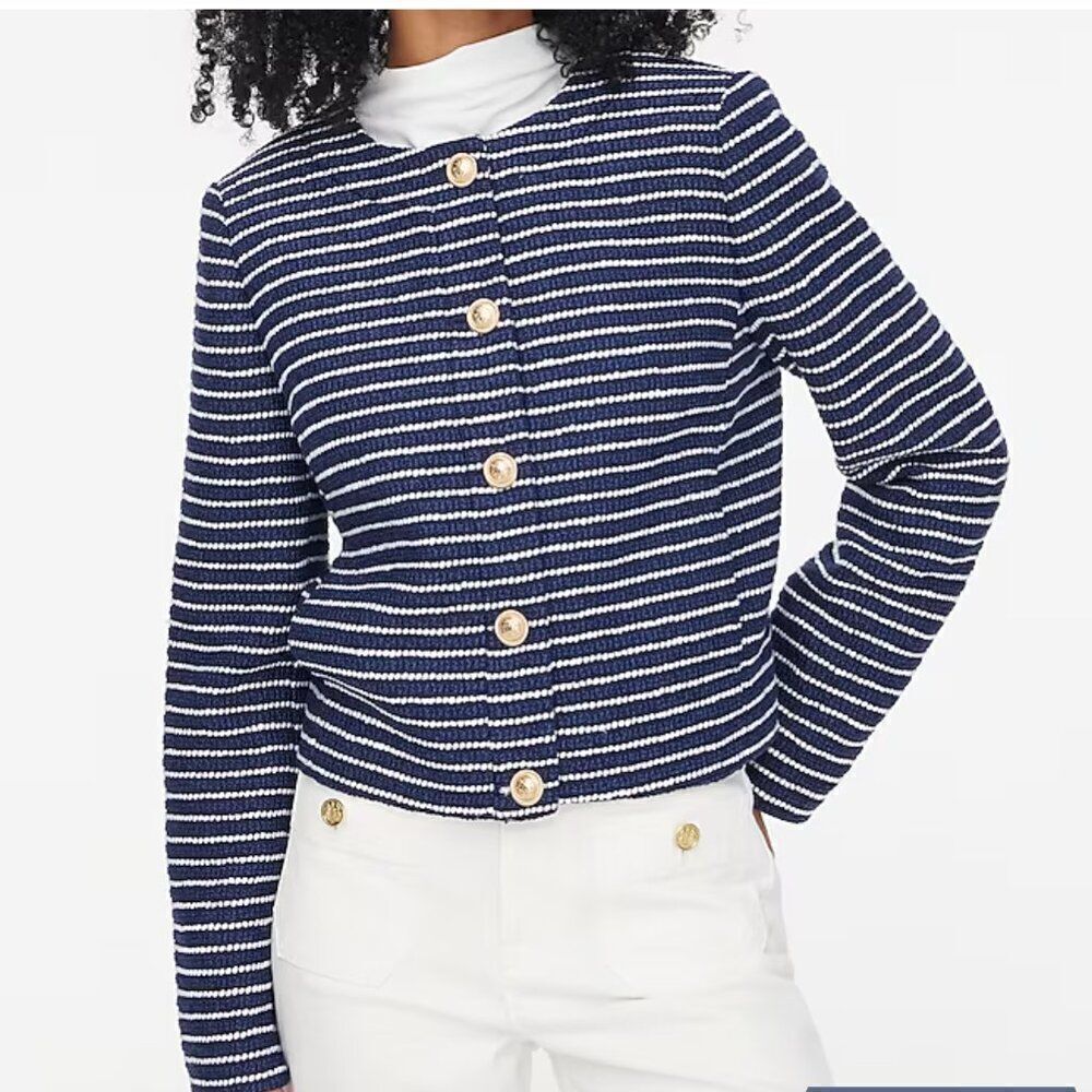 J. Crew Factory CG379 Navy and white Tweed lady jacket with gold buttons size 4P